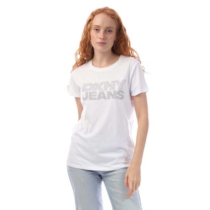 Front - DKNY Womens/Ladies Rhinestud Logo T-Shirt