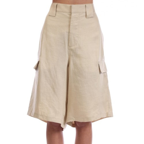Front - Off White Mens Linen Cargo Shorts
