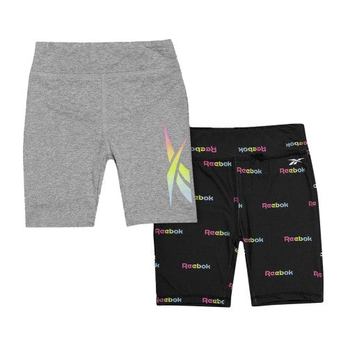 Front - Reebok Girls All Over Logo Slim Shorts (Pack of 2)