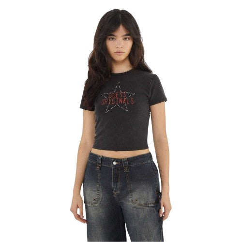 Front - Guess Womens/Ladies Star Slim Crop T-Shirt