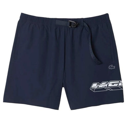 Front - Lacoste Mens Stripe Quick Dry Logo Swimming Trunks