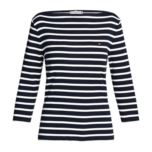Front - Tommy Hilfiger Womens/Ladies Striped Boat Neck Slim T-Shirt