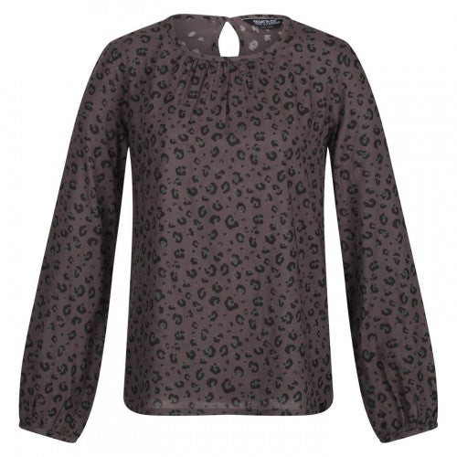 Front - Regatta Womens/Ladies Hadria Leopard Print Keyhole Long-Sleeved Blouse