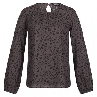 Front - Regatta Womens/Ladies Hadria Leopard Print Keyhole Long-Sleeved Blouse