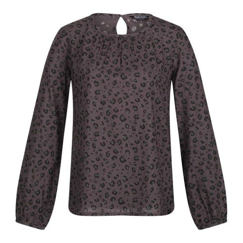 Front - Regatta Womens/Ladies Hadria Leopard Print Keyhole Long-Sleeved Blouse