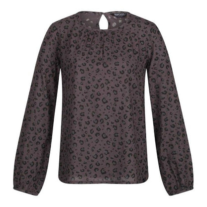 Front - Regatta Womens/Ladies Hadria Leopard Print Keyhole Long-Sleeved Blouse