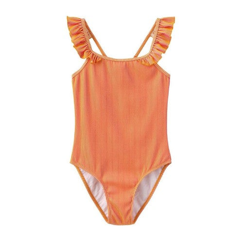 Front - Star Girls Contrast Striped Ruffles One Piece Swimsuit