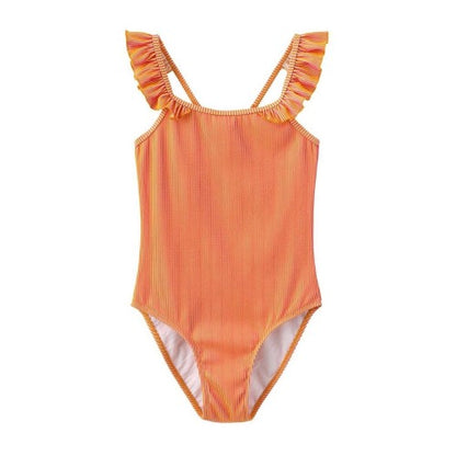 Front - Star Girls Contrast Striped Ruffles One Piece Swimsuit