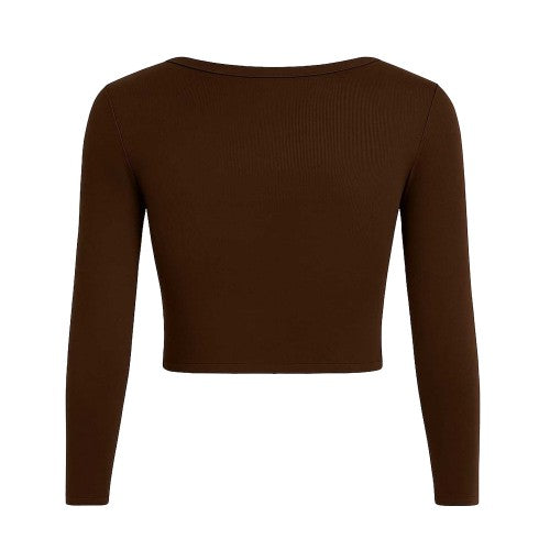Chocolate - Back - I Saw It First Womens-Ladies Ribbed Long-Sleeved Crop Top