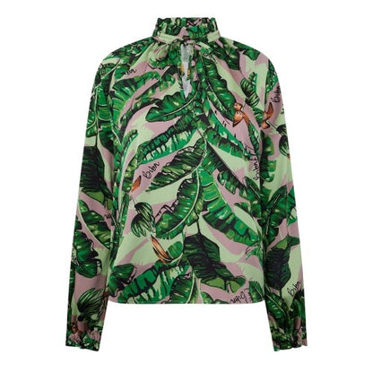Front - Biba Womens/Ladies Banana Leaf Satin Ruffle Neck Blouse