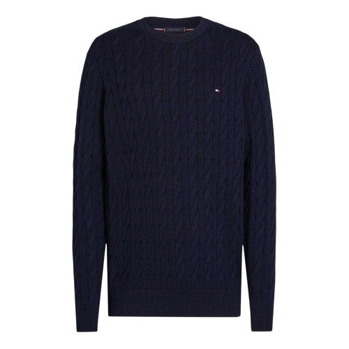 Front - Tommy Hilfiger Mens Cable Knit Cotton Crew Neck Jumper