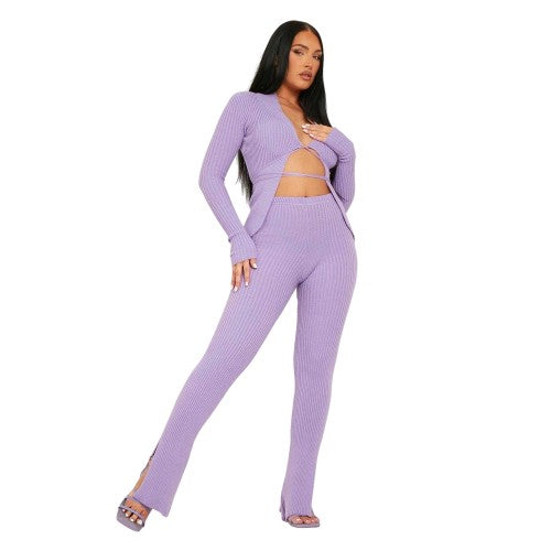 Front - Missy Empire Womens/Ladies Ribbed Side Split Hem High Waist Trousers