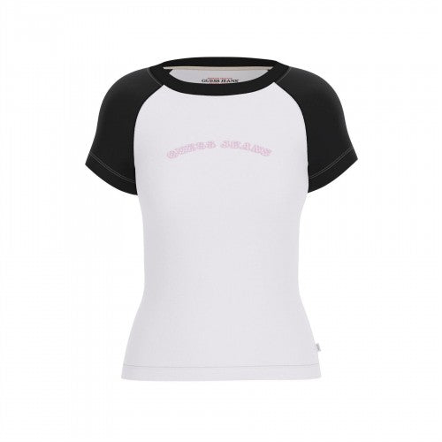 Front - Guess Womens/Ladies Curved Logo Slim Raglan T-Shirt