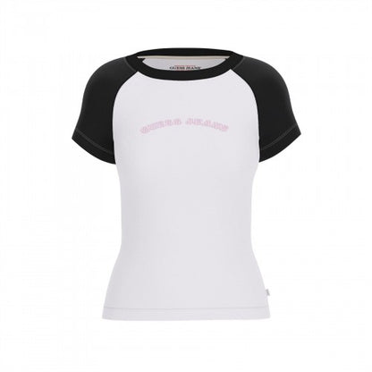Front - Guess Womens/Ladies Curved Logo Slim Raglan T-Shirt