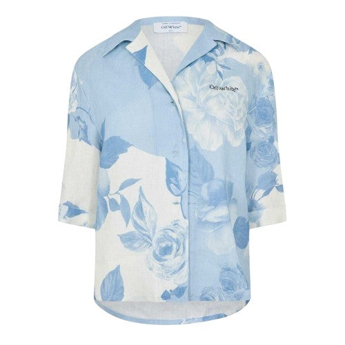 Front - Off White Womens/Ladies Floral Linen 3/4 Sleeve Shirt