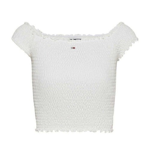 Front - Tommy Jeans Womens/Ladies Mini Logo Off Shoulder Slim Smock Top