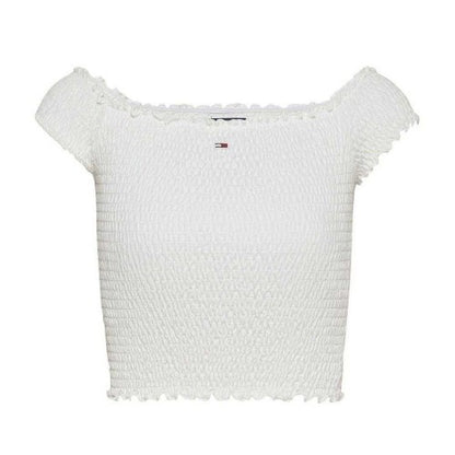 Front - Tommy Jeans Womens/Ladies Mini Logo Off Shoulder Slim Smock Top