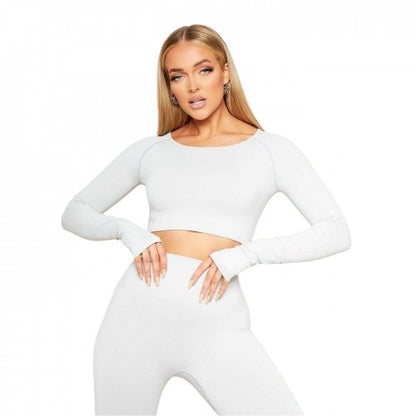 White - Front - Missy Empire Womens-Ladies Seamless Fitted Long-Sleeved Gym Crop Top