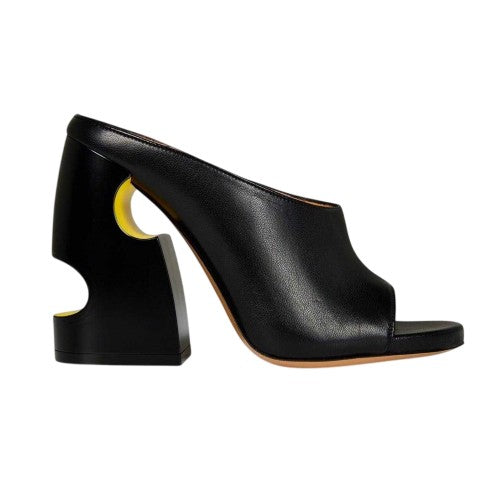 Front - Off White Womens/Ladies Cut Out Leather High Block Heel Mules