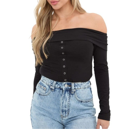 Front - I Saw It First Womens/Ladies Button Front Fitted Bardot Top