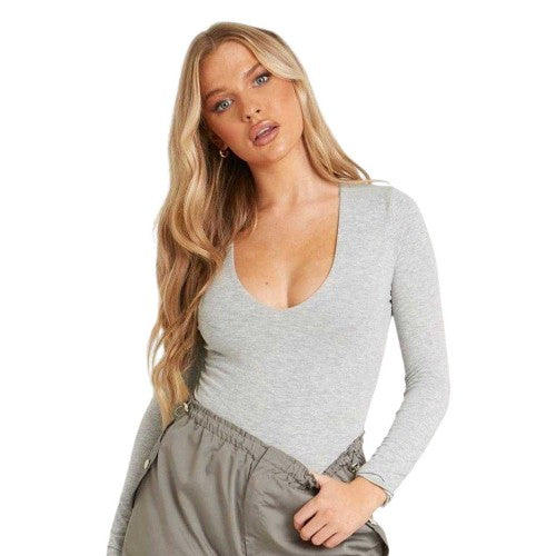 Front - Missy Empire Womens/Ladies Low Plunge Long-Sleeved Bodysuit