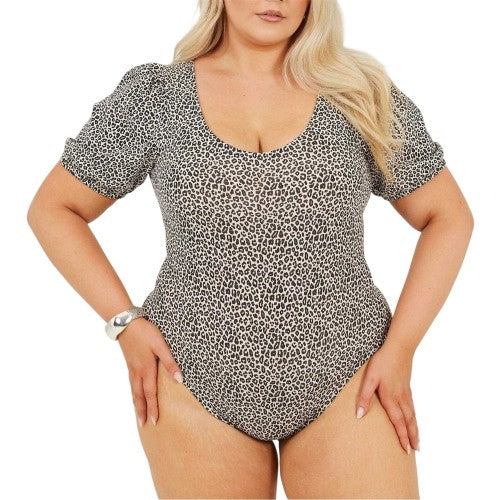 Front - Brave Soul Womens/Ladies Leopard Print Plus Puff Sleeve Bodysuit