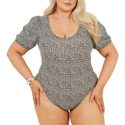 Front - Brave Soul Womens/Ladies Leopard Print Plus Puff Sleeve Bodysuit