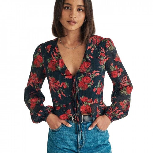 Front - Nobody´s Child Womens/Ladies Floral Plunge Relaxed Fit Puff Sleeve Blouse