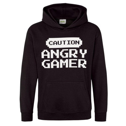 Front - AWD Childrens/Kids Caution Angry Gamer Hoodie