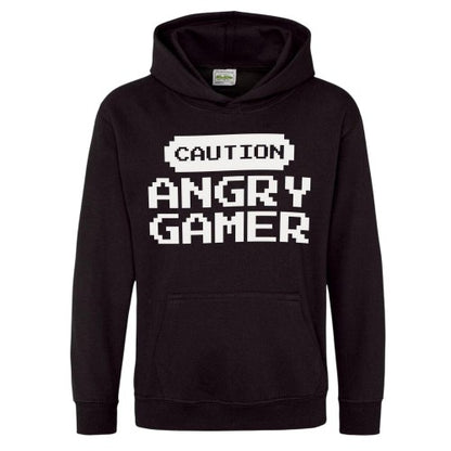 Front - AWD Childrens/Kids Caution Angry Gamer Hoodie