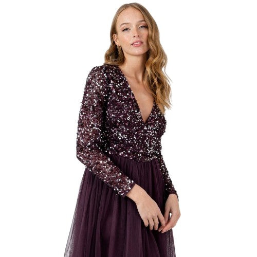Front - Deluxe Womens/Ladies Sequin V Neck Midi Dress