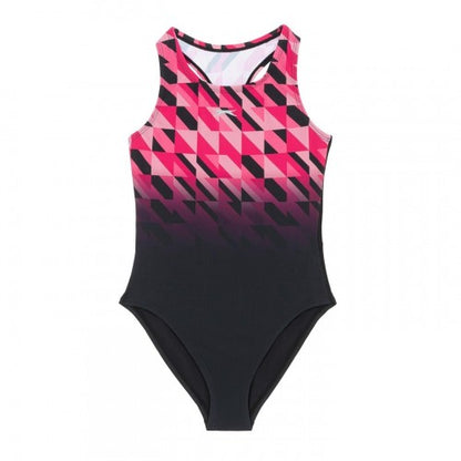 Front - Slazenger Girls Challenge Tech Geometric Pattern One Piece Swimsuit