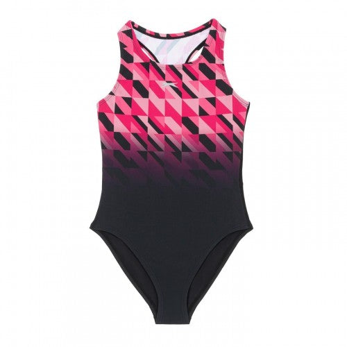 Front - Slazenger Girls Challenge Tech Geometric Pattern One Piece Swimsuit