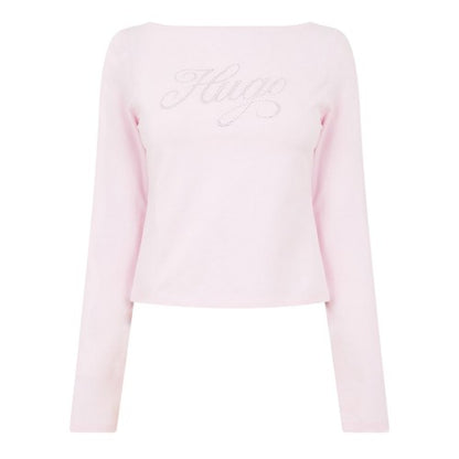 Front - Hugo Womens/Ladies Rhinestone Logo Long-Sleeved T-Shirt