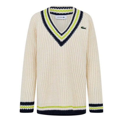 Front - Lacoste Womens/Ladies Striped V Neck Relaxed Fit Sweater Top