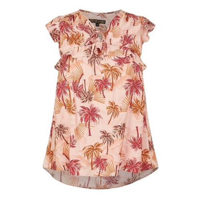 Front - Biba Girls Palm Tree Tie Neck Relaxed Fit Ruffle Blouse