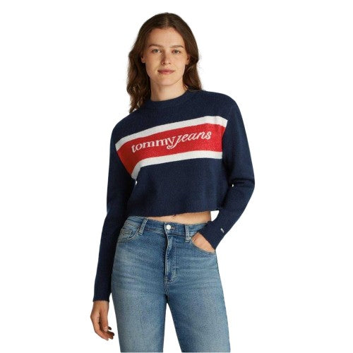 Front - Tommy Jeans Womens/Ladies Colour Block Cropped Sweater Top