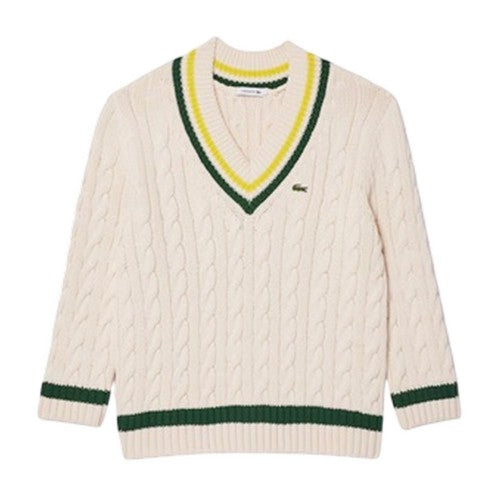 Front - Lacoste Womens/Ladies Cable Knit V Neck Sweater Top