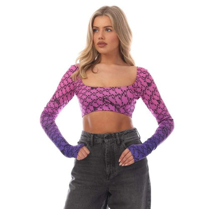Front - Off White Womens/Ladies Monogram Long-Sleeved Crop Top