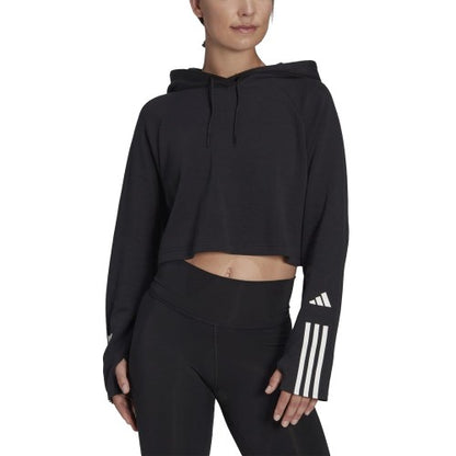 Front - Adidas Womens/Ladies Train Essentials Stripe Cotton Cropped Hoodie
