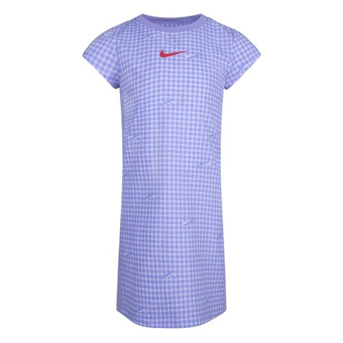 Front - Nike Girls Swoosh Gingham Crew Neck T-Shirt Dress