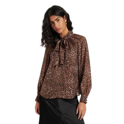 Front - Nobody´s Child Womens/Ladies Leopard Print Tie Neck Relaxed Fit Long-Sleeved Blouse