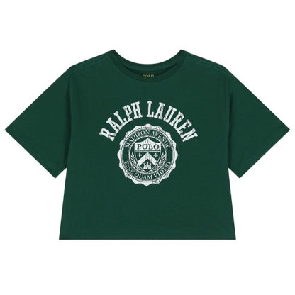 Front - Ralph Lauren Girls Polo Logo Crew Neck Crop T-Shirt