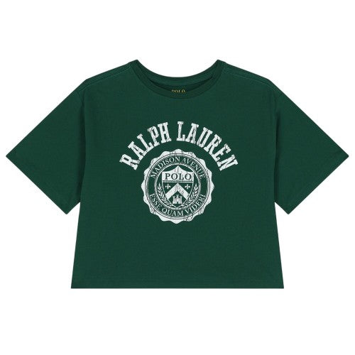 Front - Ralph Lauren Girls Polo Logo Crew Neck Crop T-Shirt