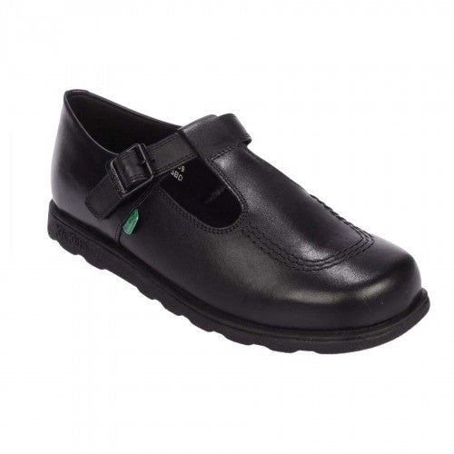 Front - Kickers Girls Leather T Buckle School Shoes