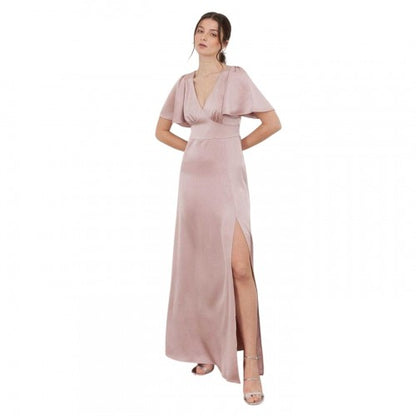 Front - Maya Deluxe Womens/Ladies Satin Angel Sleeve Bridesmaid Maxi Dress