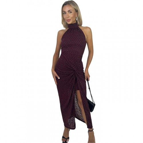Front - AX Paris Womens/Ladies Diamante Jacquard Halter Neck Party Midi Dress