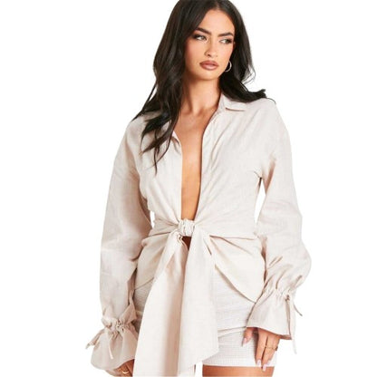 Front - Missy Empire Womens/Ladies Linen Front Tie Shirt