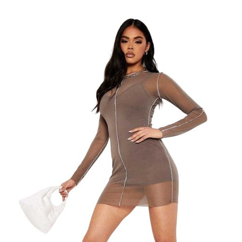 Front - Missy Empire Womens/Ladies Mesh Contrast Stitch Long-Sleeved Mini Dress