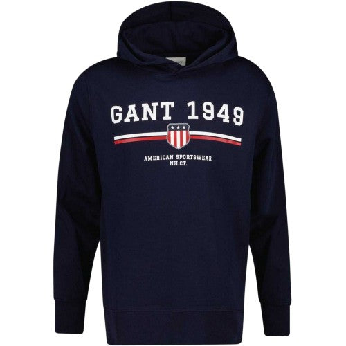 Front - Gant Mens 1949 Graphic Print Drawstring Hoodie